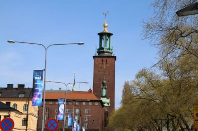 The town hall with ESC flags